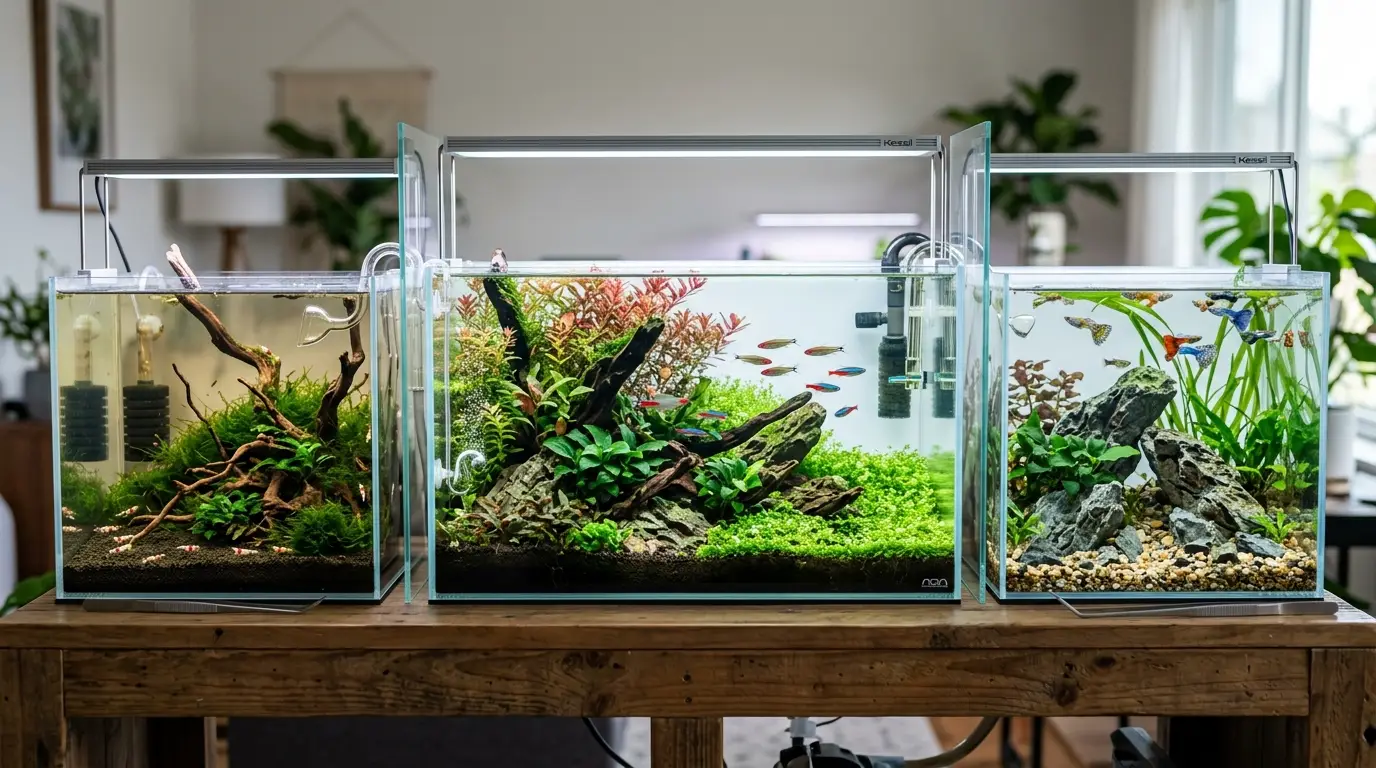 Different aquarium environments showing soft-water shrimp and planted tanks, a CO2 planted aquarium, and a hard-water guppy aquarium with stable water chemistry.