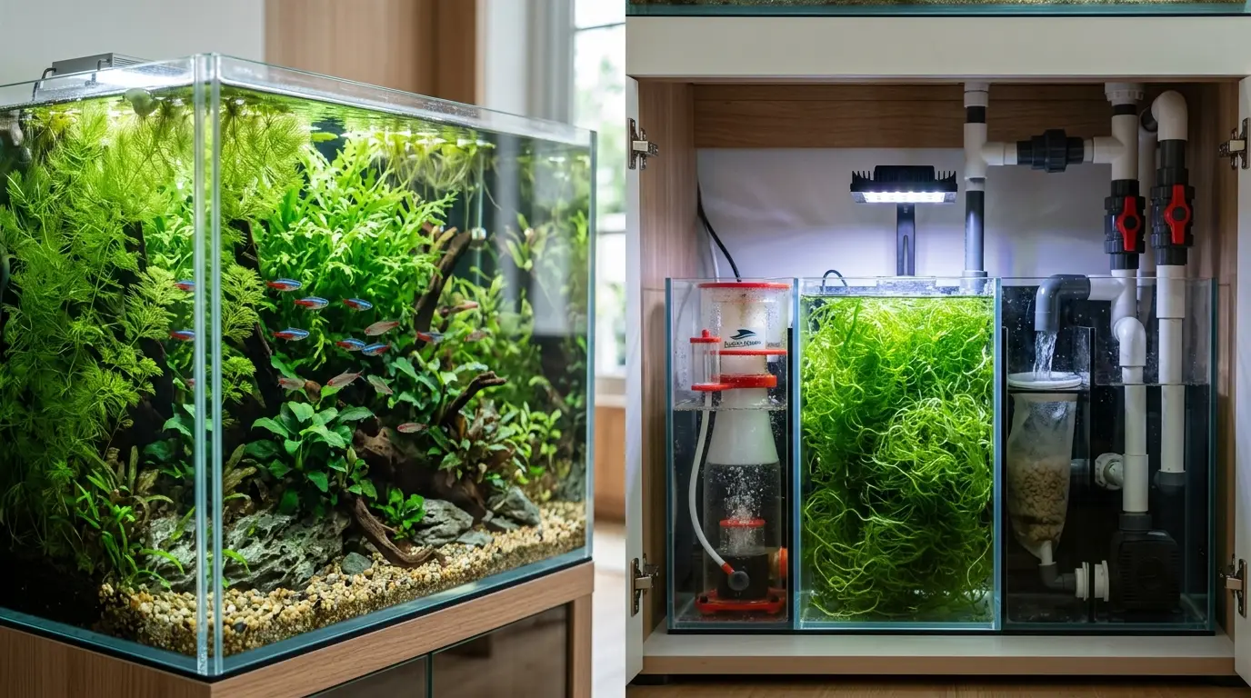 Lush planted freshwater aquarium with fast-growing aquatic plants and a saltwater refugium containing chaetomorpha algae.