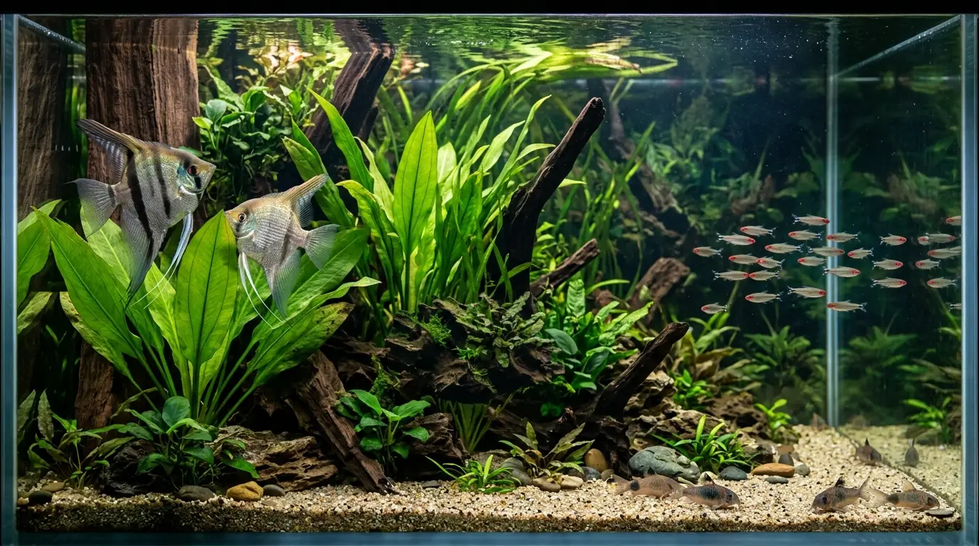 Breeding angelfish pair guarding a planted territory while driftwood and tall plants create visual barriers in a community aquarium