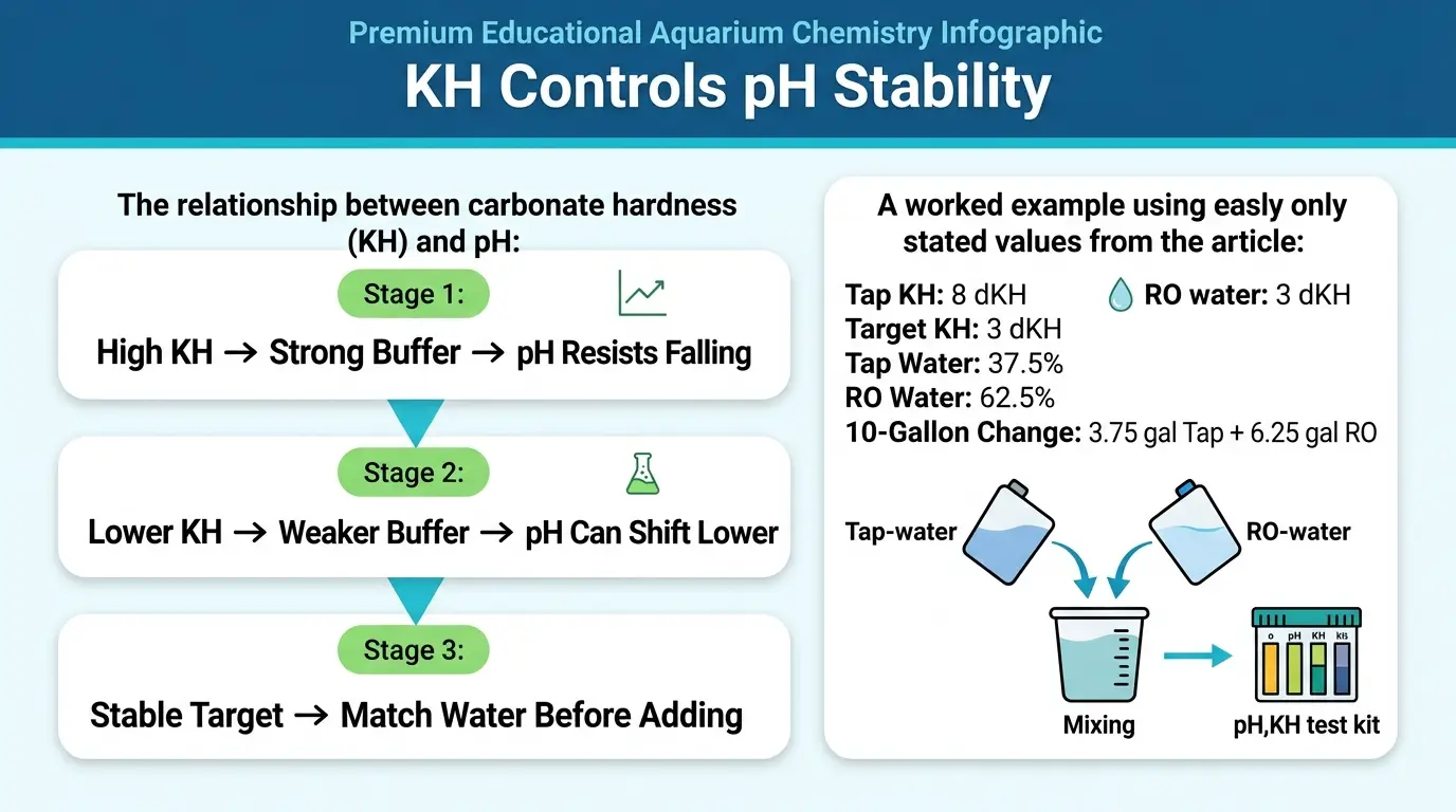 Aquarist measuring KH and preparing an RO and tap water mixture to maintain stable aquarium pH.