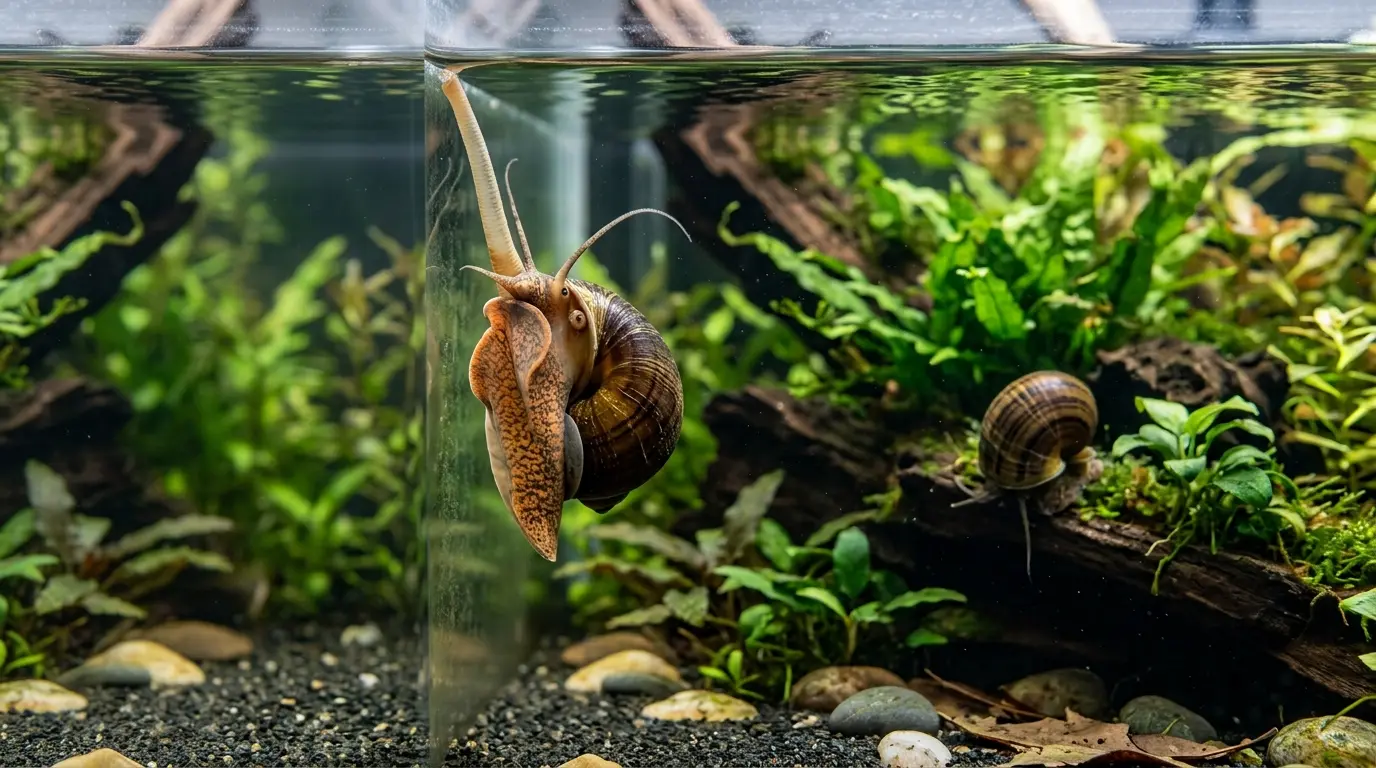 Mystery snail extending its siphon toward the water surface while exploring aquarium glass
