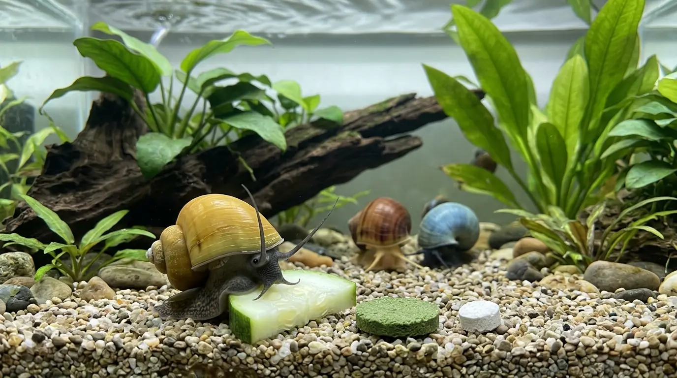 Mystery snail eating blanched zucchini beside algae wafers and calcium-rich food in a planted aquarium