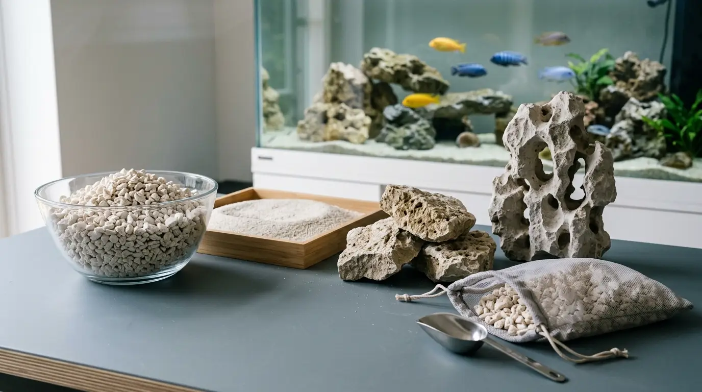 Aquarium-safe crushed coral, aragonite sand, limestone, and Texas holey rock displayed beside a freshwater aquarium