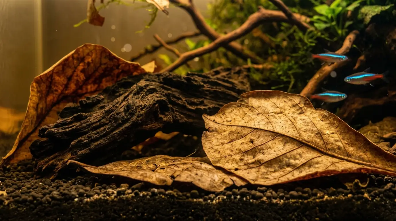 Indian almond leaves and natural driftwood releasing tannins in a planted blackwater aquarium.