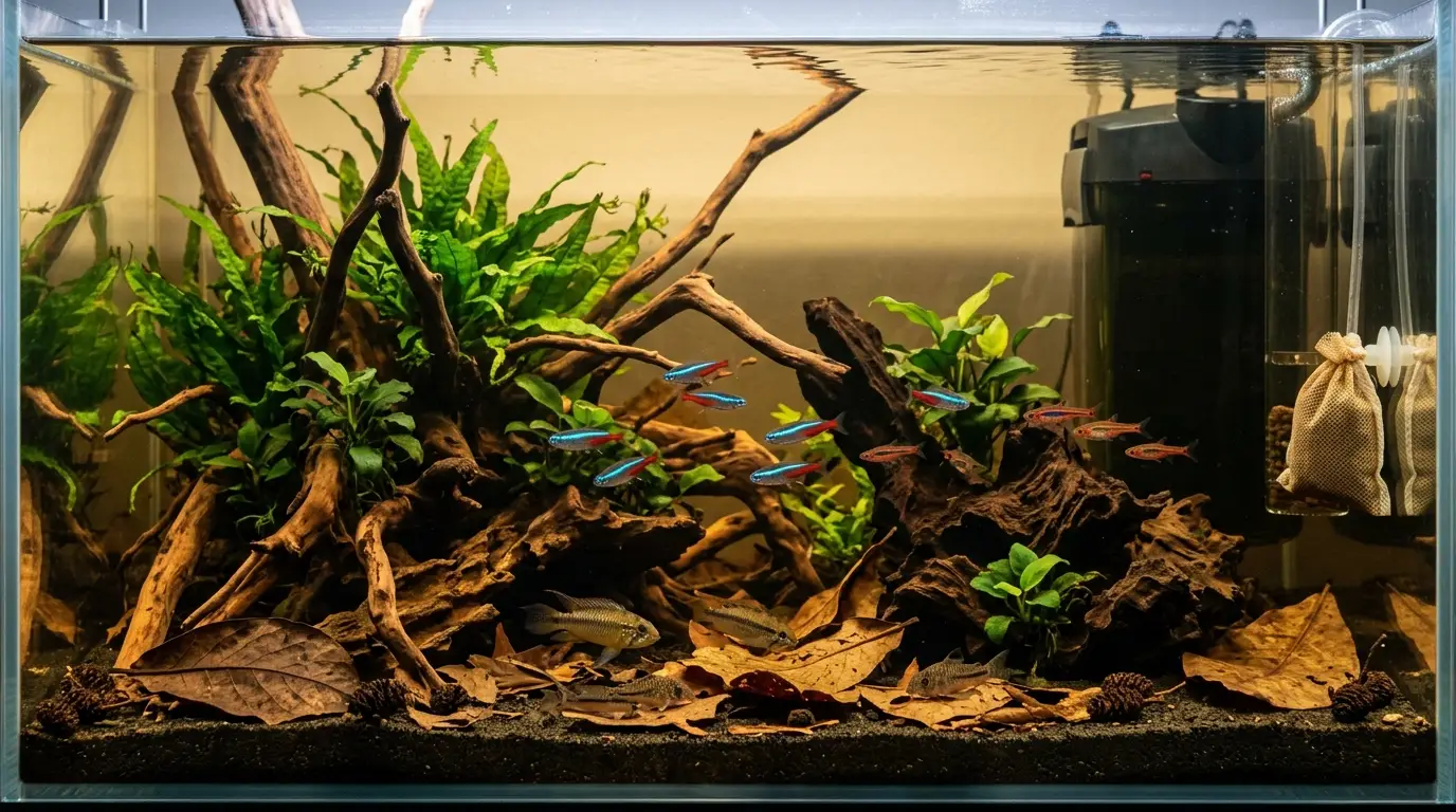 Blackwater aquarium with driftwood, Indian almond leaves, peat filtration, and soft acidic water conditions.