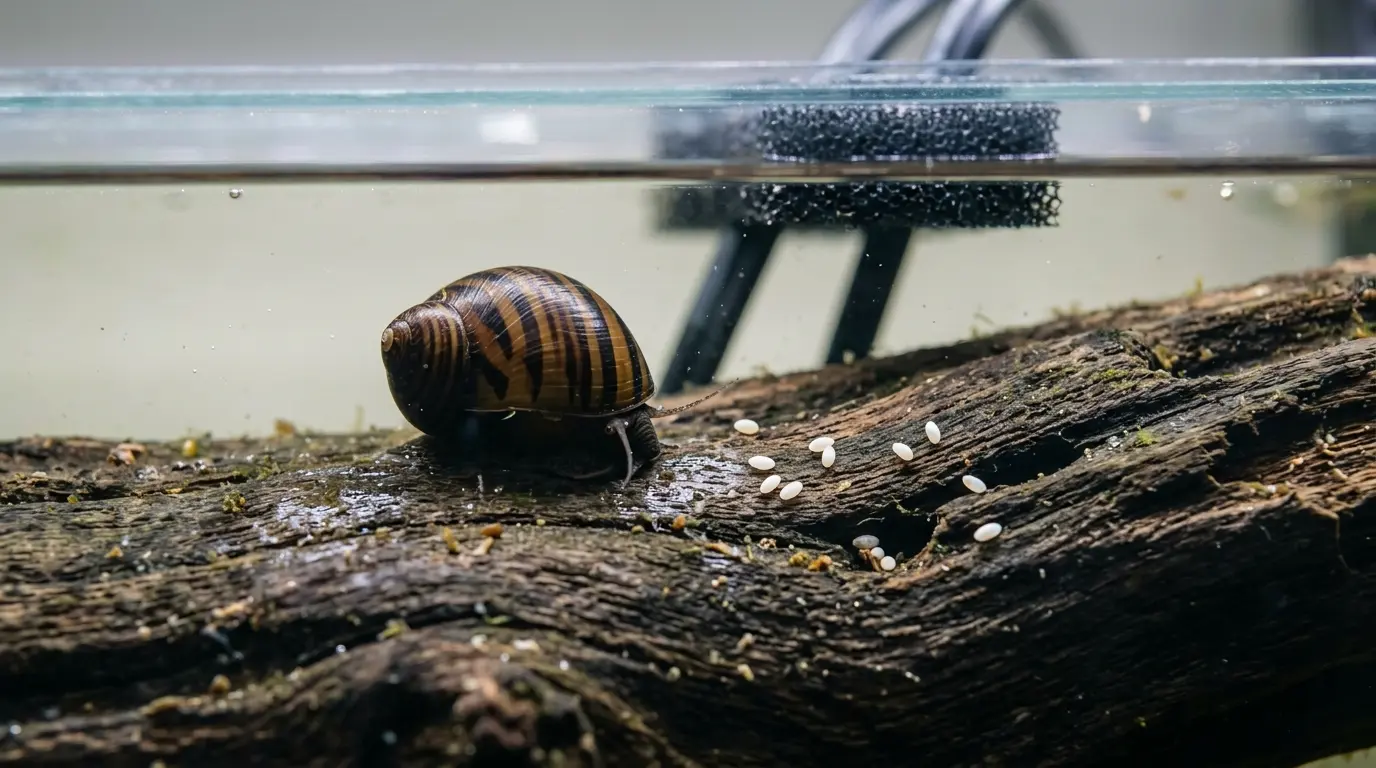 Nerite snail laying white eggs on aquarium hardscape beneath a secure lid with protected openings Placement: Below the heading "Breeding, eggs, and escape prevention"