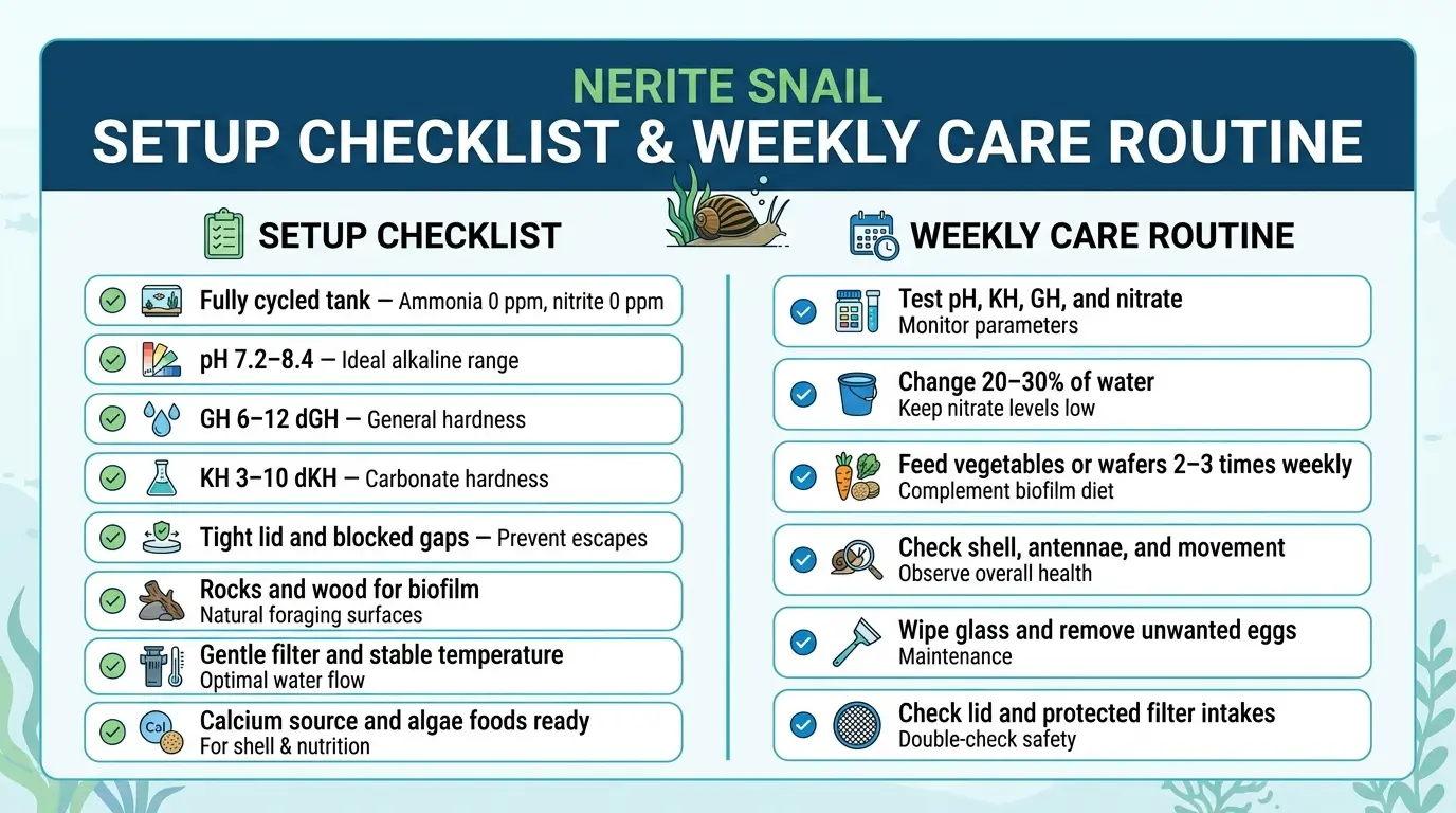 Nerite snail care checklist showing stable water parameters, feeding, shell inspection, water changes, and secure lid maintenance