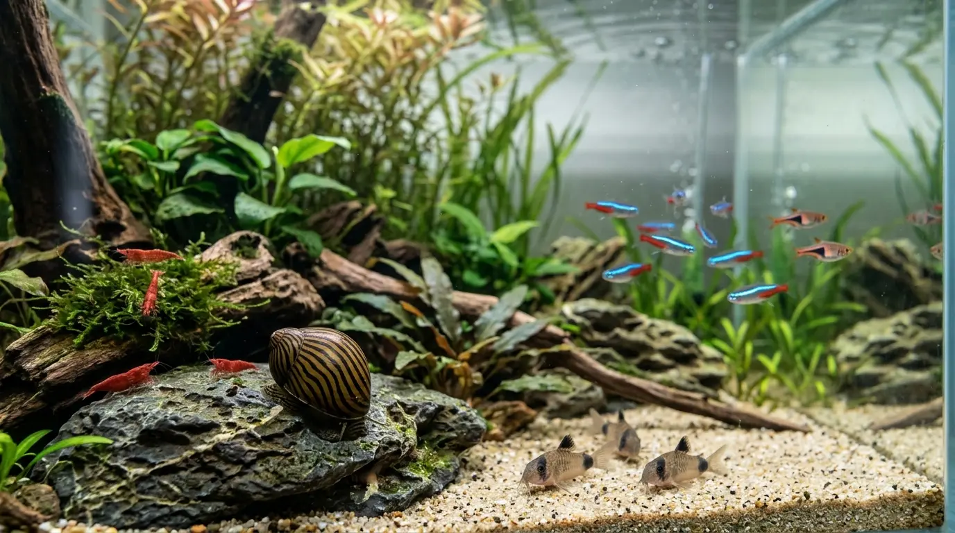 Nerite snail living peacefully with shrimp, small schooling fish, and aquatic plants in a community aquarium