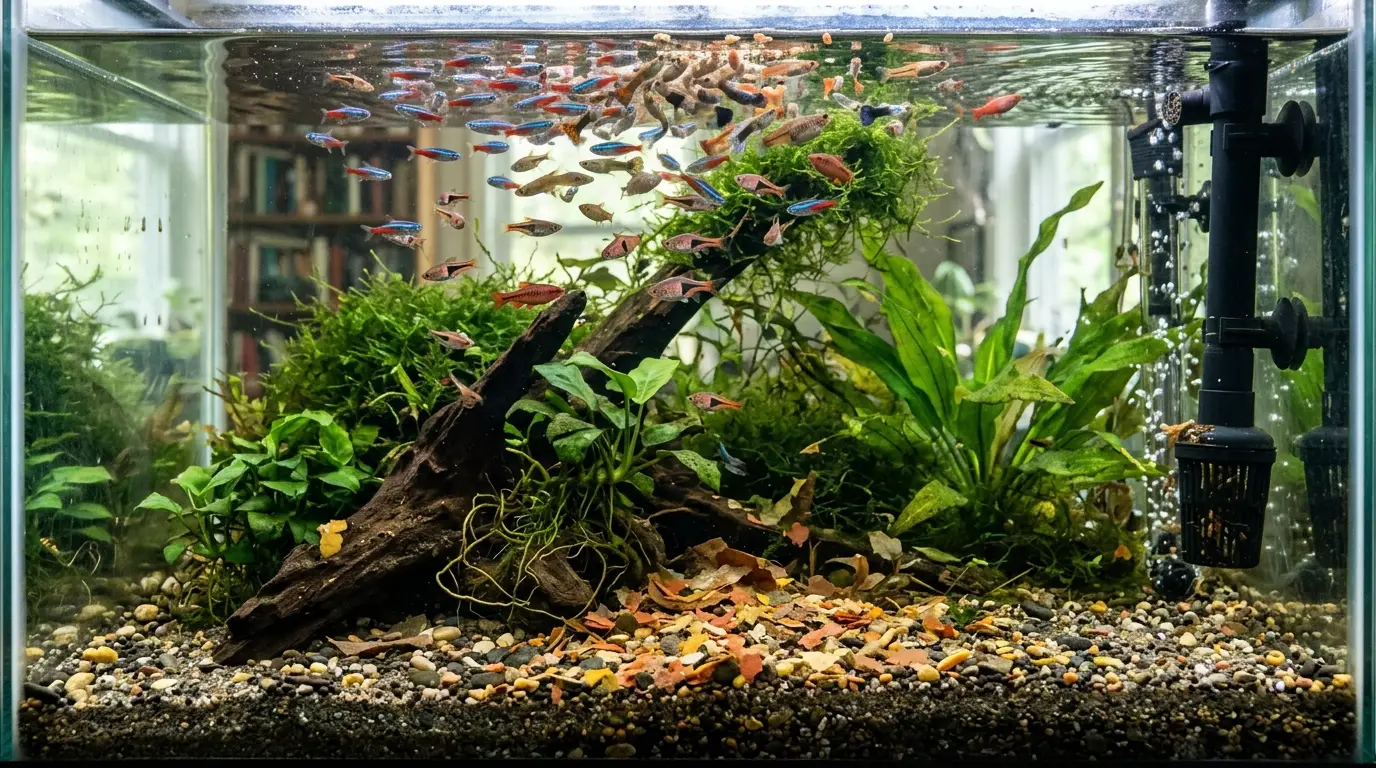 Overstocked freshwater aquarium with excessive fish food and accumulated organic waste contributing to elevated nitrate levels.