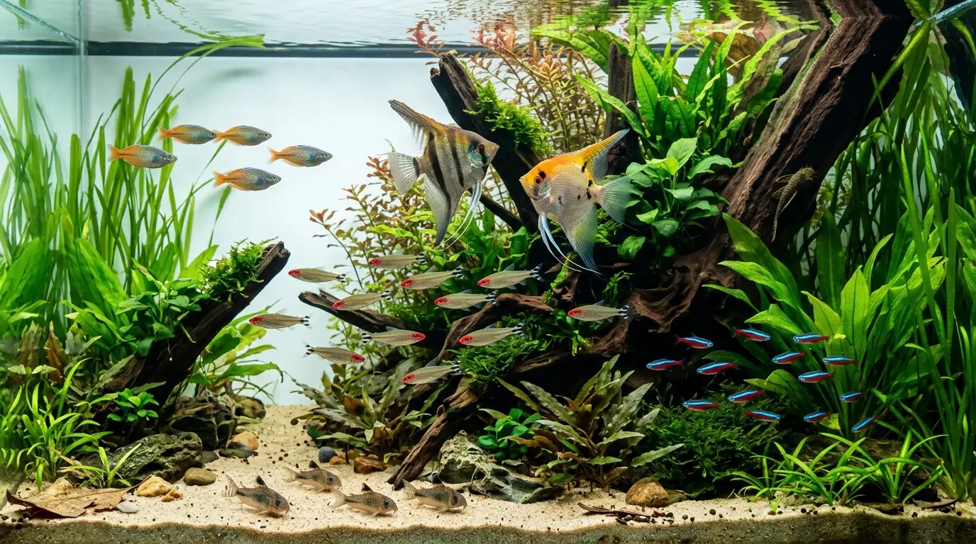 Angelfish swimming with rummynose tetras, cardinal tetras, Corydoras, rainbowfish, and other peaceful community fish in a planted aquarium