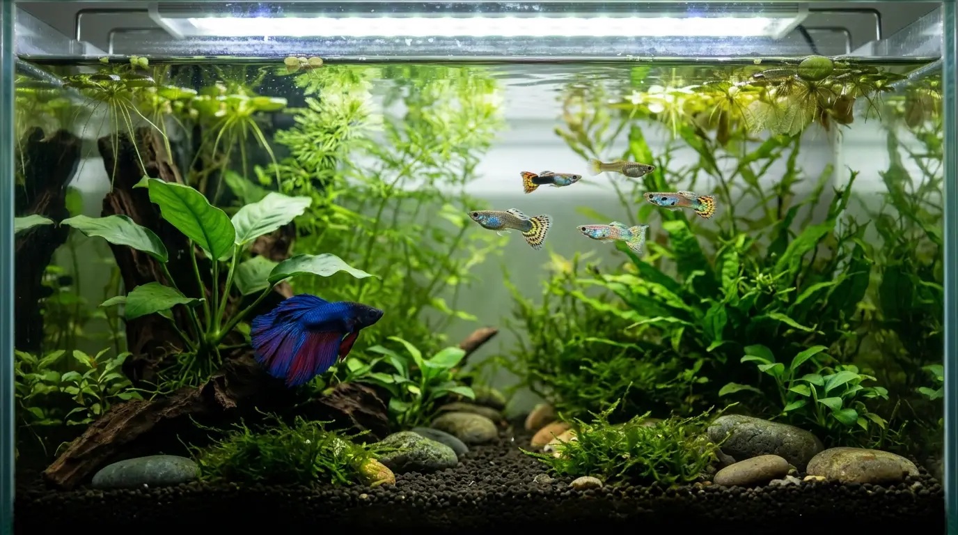 Healthy betta and guppies peacefully coexisting in a spacious planted community aquarium