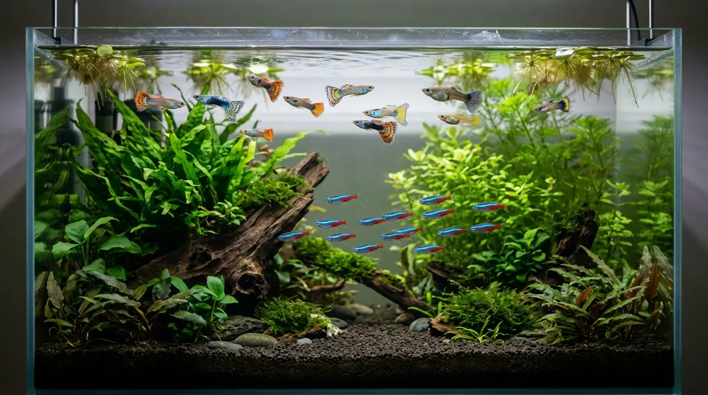 Peaceful guppies and neon tetras thriving together in a mature planted community aquarium