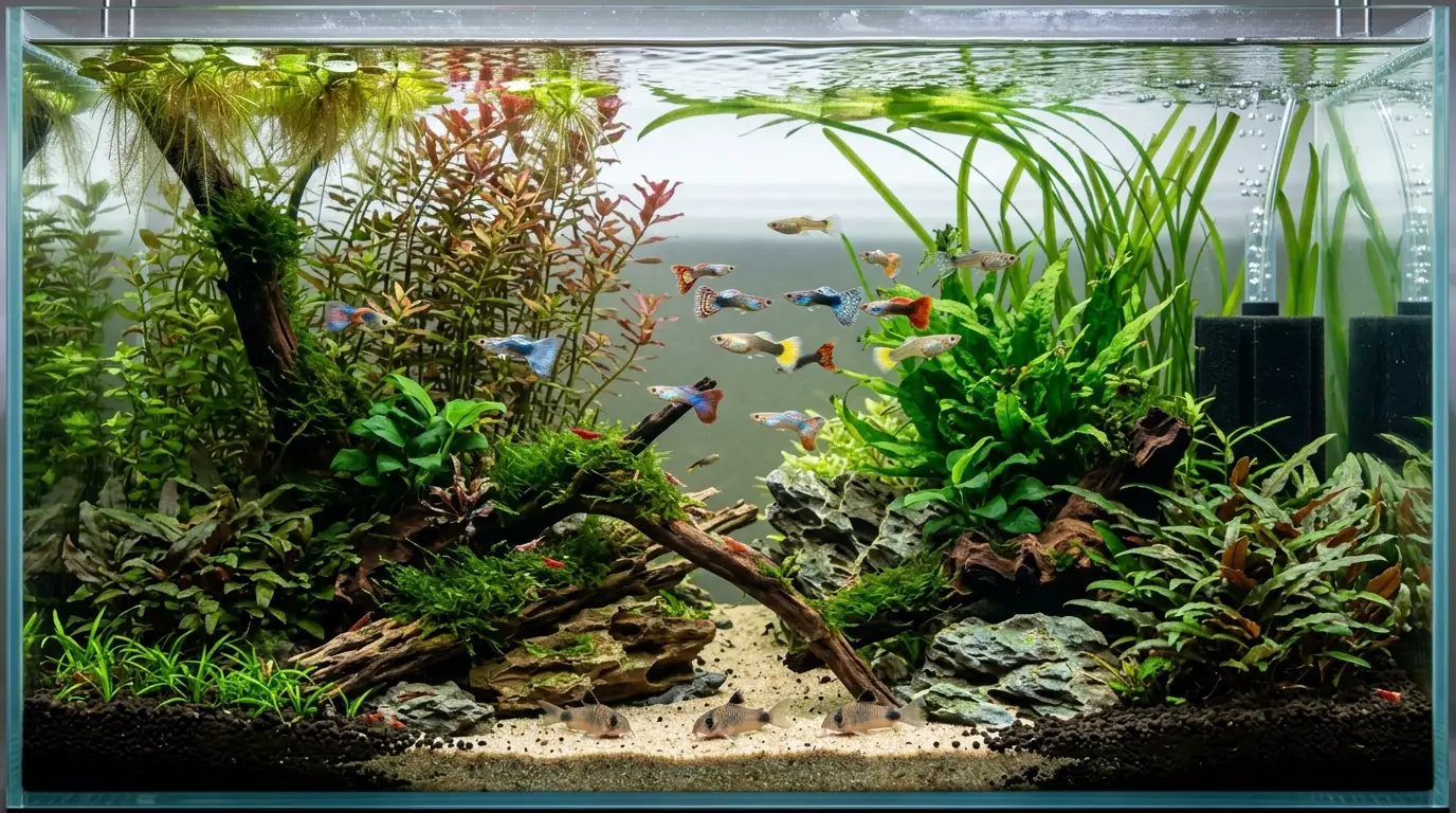 Lush planted guppy community aquarium with floating plants, Java moss, driftwood, and gentle filtration