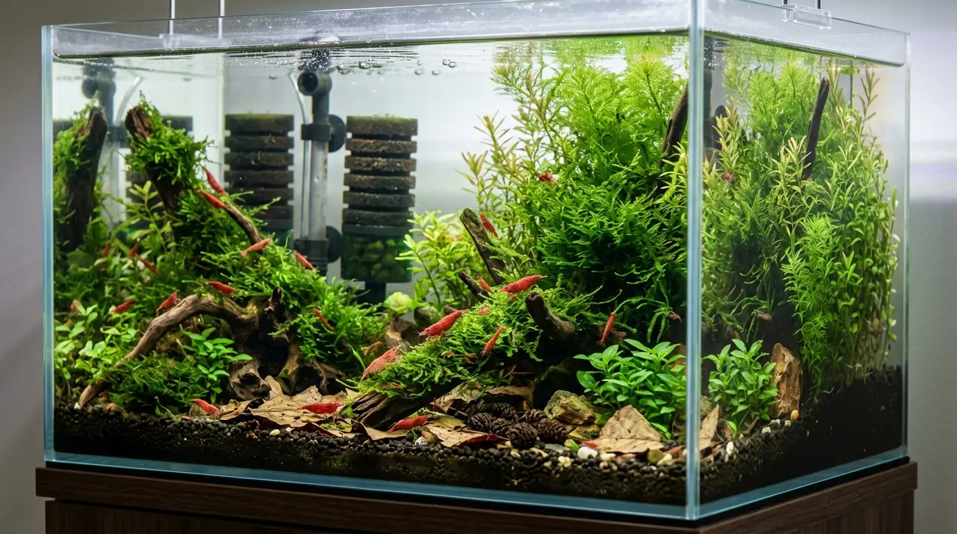 Densely planted 10-gallon shrimp aquarium with moss, wood, sponge filtration, and abundant grazing surfaces.