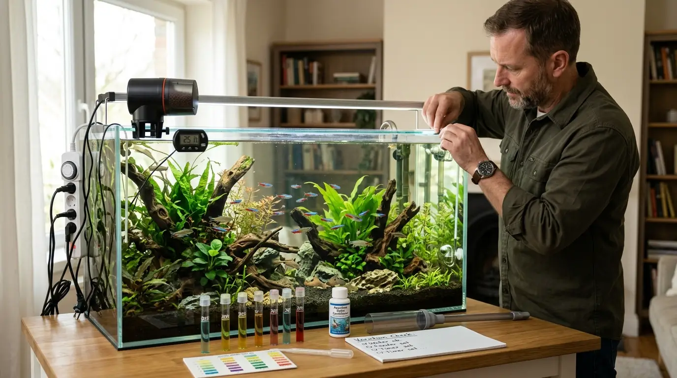Aquarist preparing a freshwater aquarium with a water test kit, timer, clean filter, and automatic feeder before leaving for vacation.
