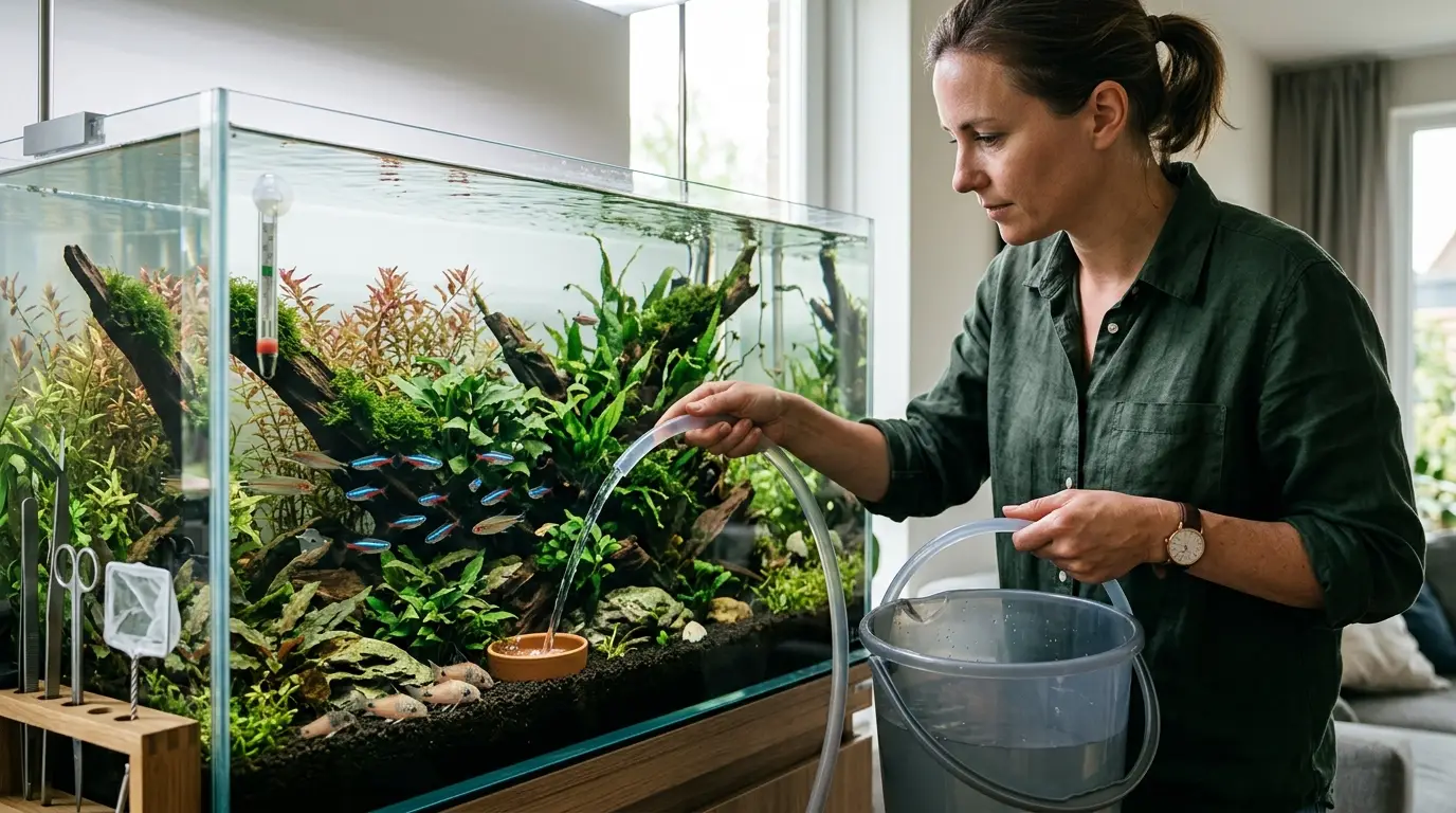 Aquarist carefully adding conditioned temperature-matched water to a planted freshwater aquarium.
