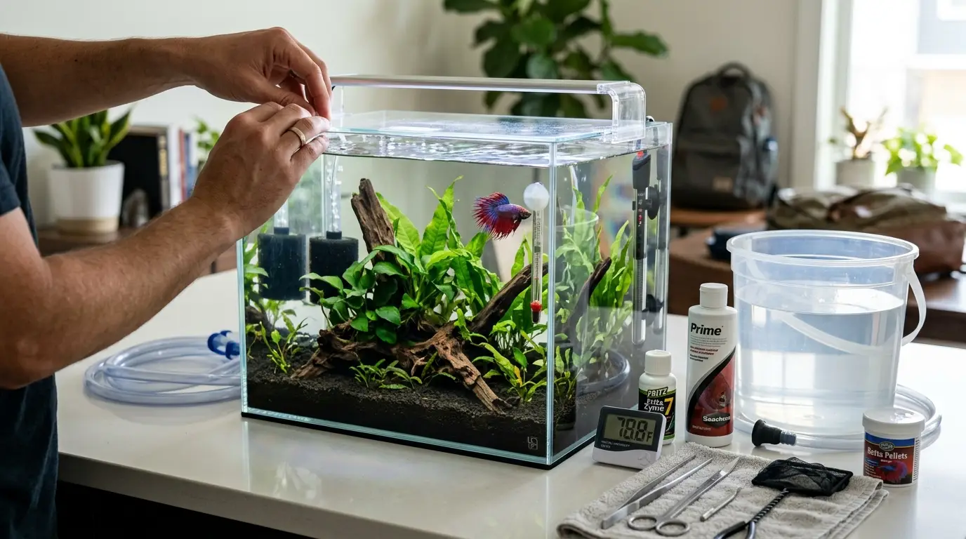 Betta aquarium being prepared before vacation with water change, heater, thermometer and clean filtration