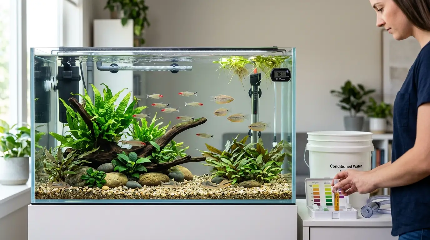 Healthy freshwater aquarium maintained with clean water, live plants, proper filtration, and stable conditions to reduce fish stress.