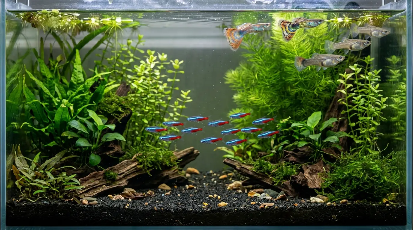 Group of neon tetras schooling with a balanced male-to-female guppy ratio in a planted aquarium