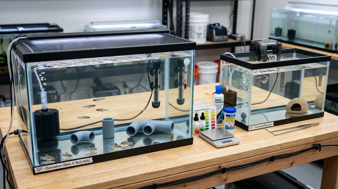 Separate aquarium quarantine and hospital tank setups showing observation equipment and a treatment-ready fish care environment