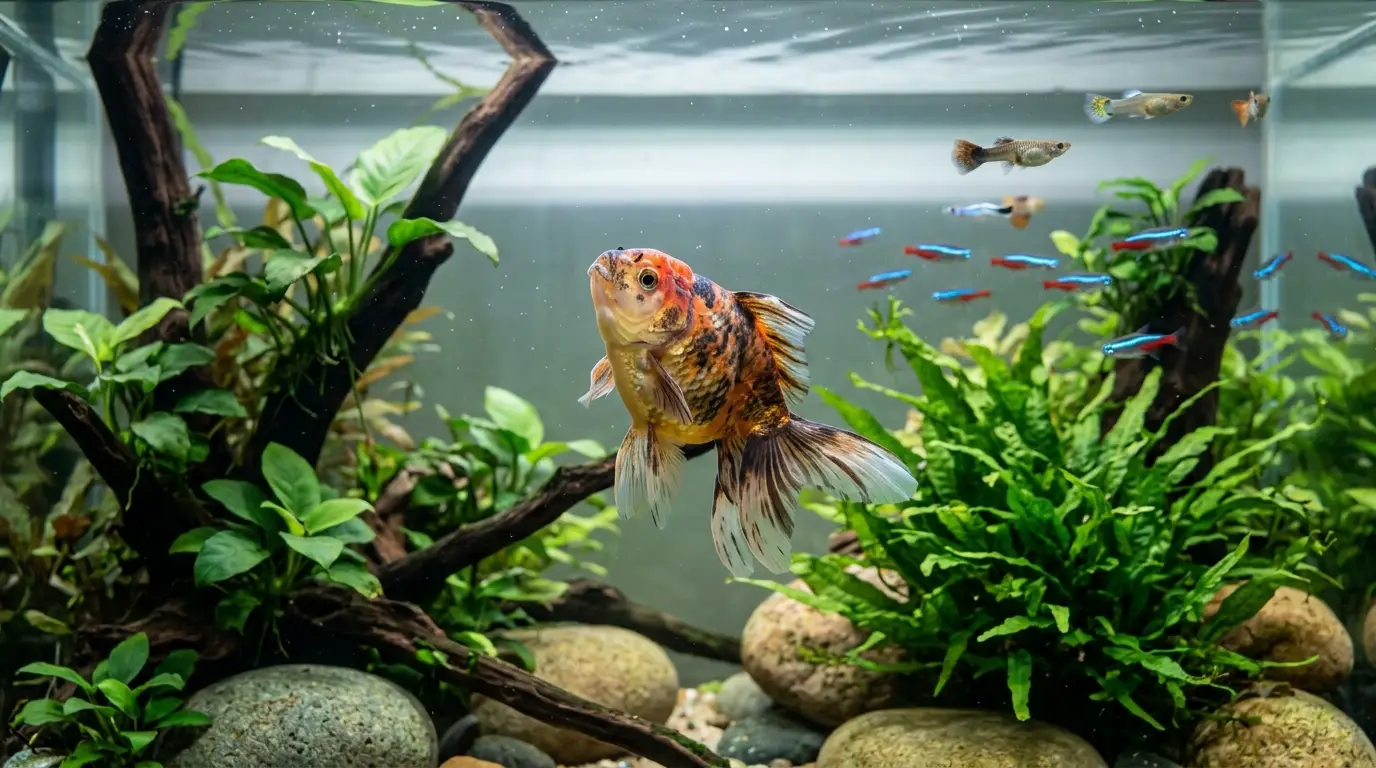 Fish floating sideways and tilting abnormally in a clear freshwater aquarium while other fish swim normally.
