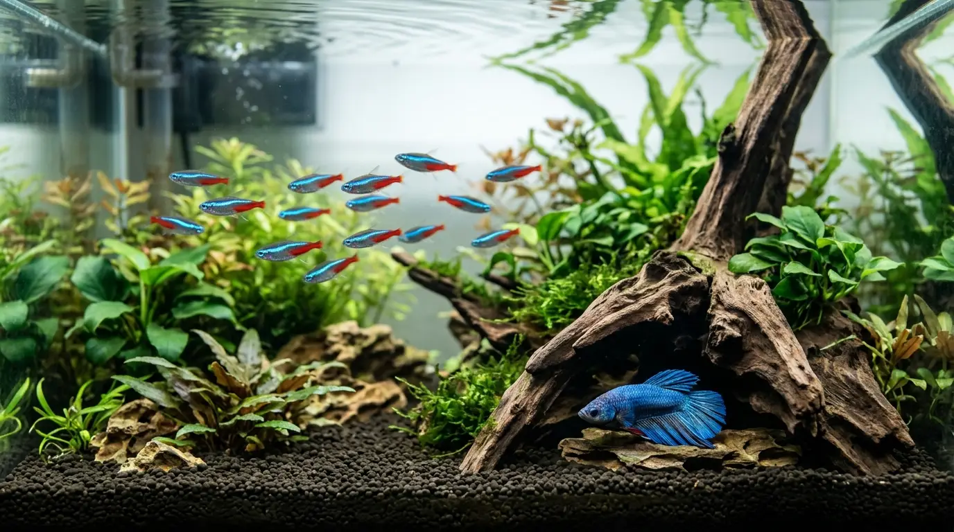 Freshwater aquarium fish displaying observable signs that may accompany illness or stress, including hiding and abnormal posture.