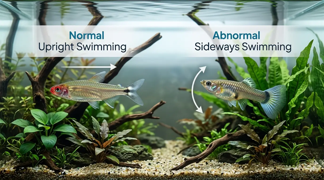 Healthy upright fish swimming normally contrasted visually with a fish showing a sideways posture in a freshwater aquarium.