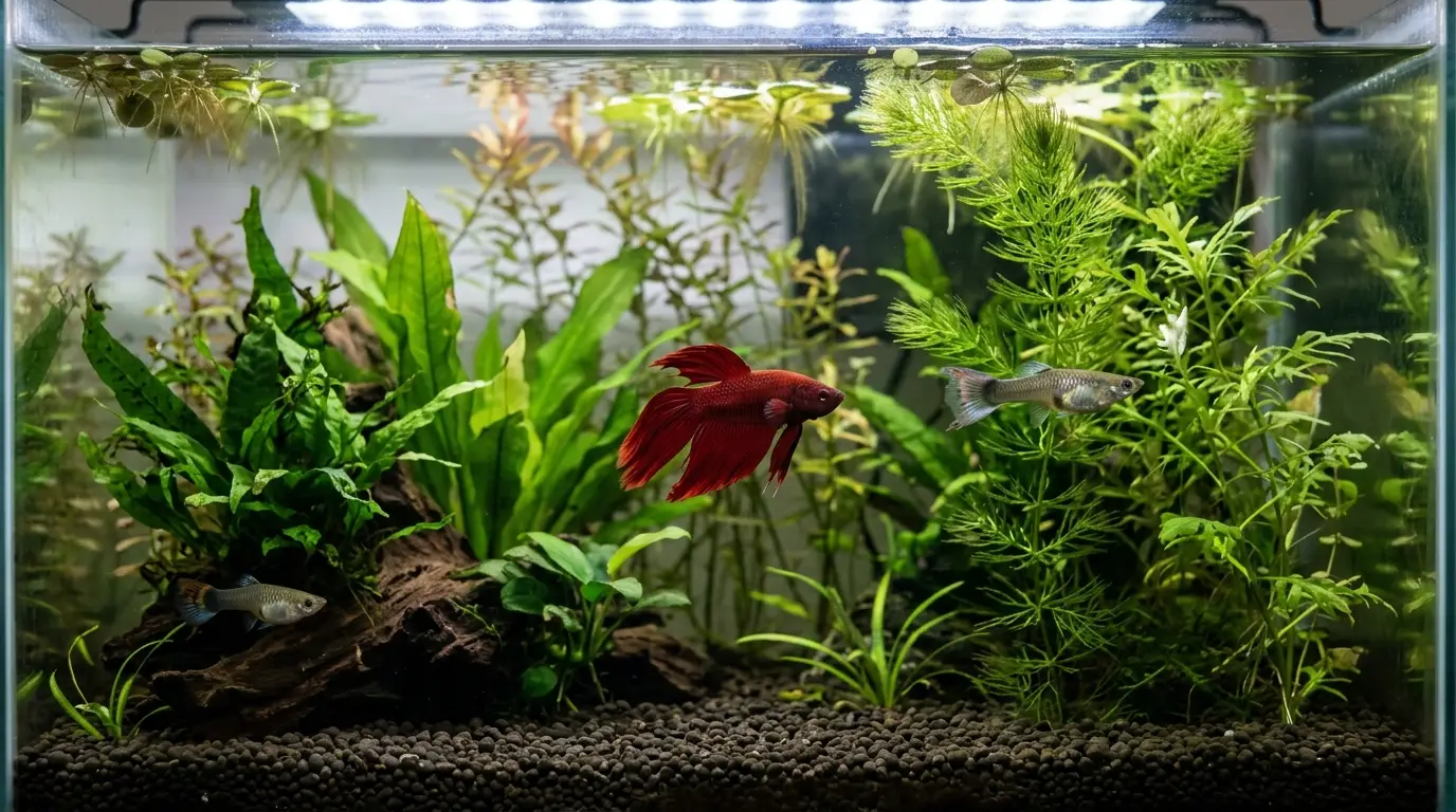 Alt Text: Betta and guppies showing behavioral tension in a community aquarium with visible signs requiring separation
