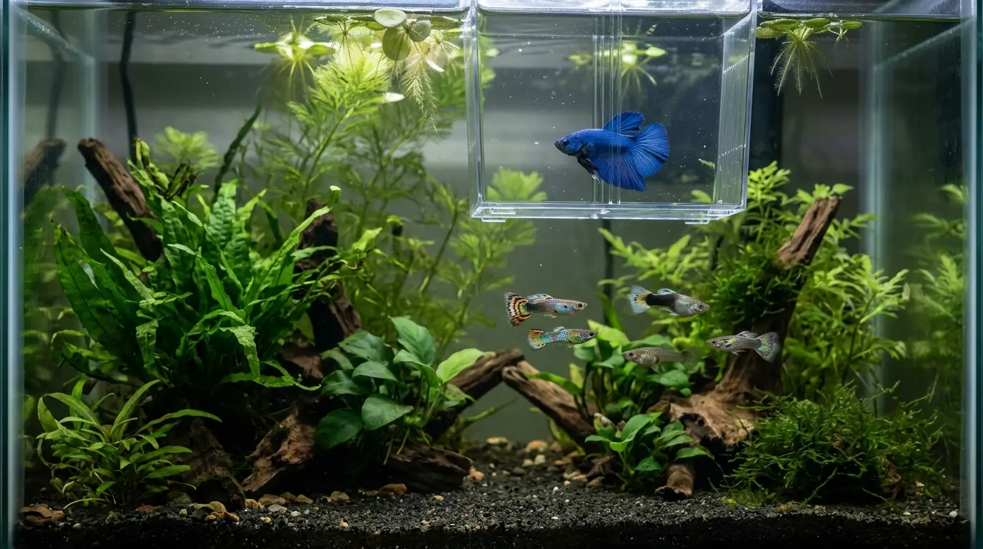 Betta being temporarily acclimated inside a clear container within a planted community aquarium