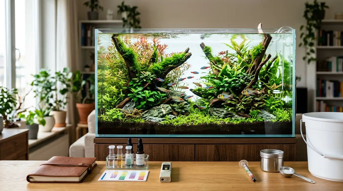 Stable planted aquarium with remineralized water and aquarium testing equipment