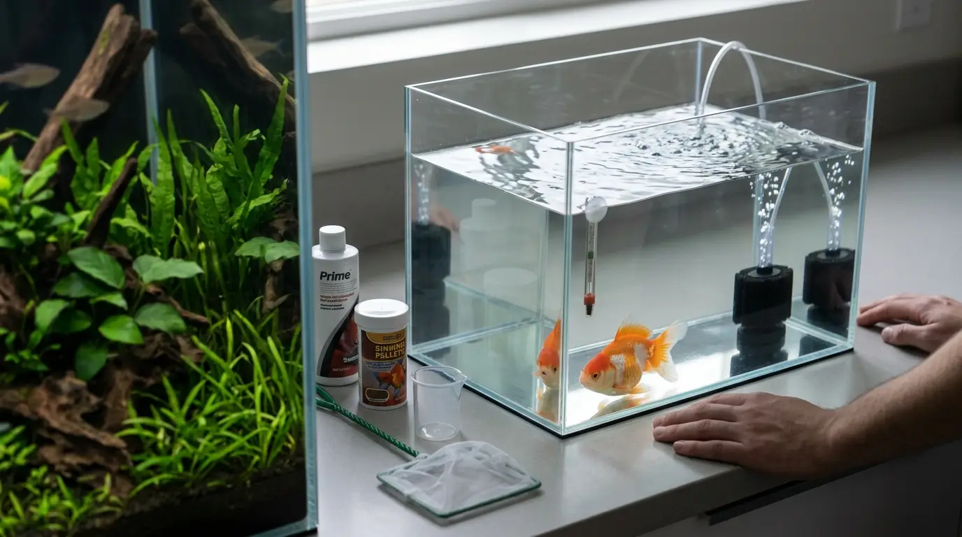 Aquarist providing gentle supportive care to a freshwater fish in a separate recovery container.