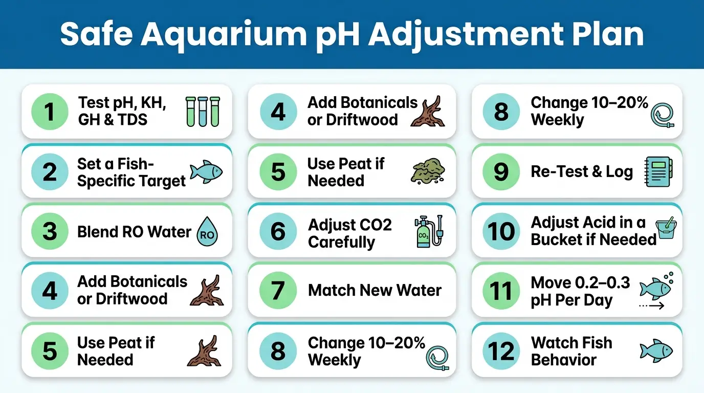 Aquarist following a measured aquarium pH adjustment routine with RO water, botanicals, testing equipment, and controlled water changes.