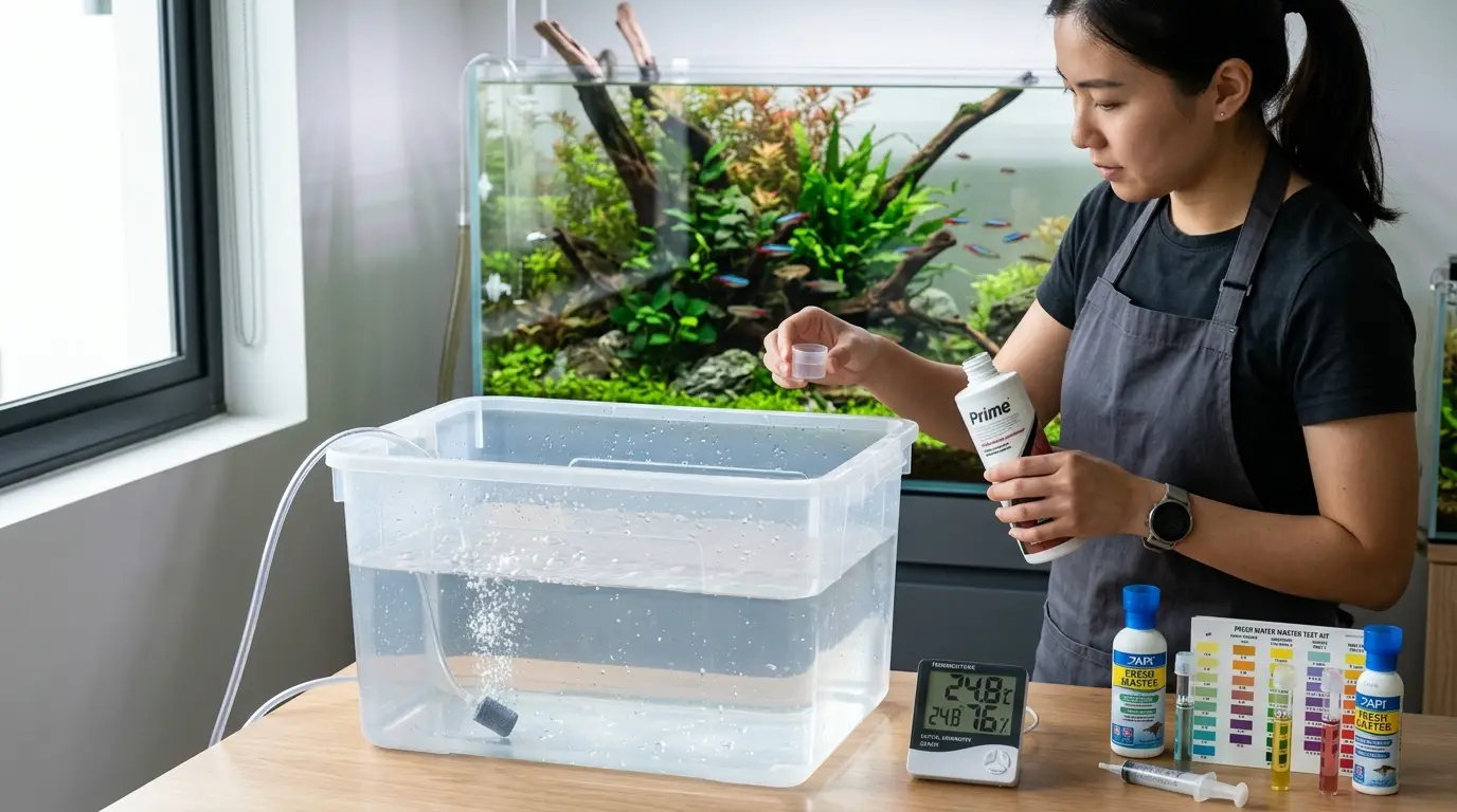 Aquarist testing tap water, adding conditioner, and preparing water at the correct temperature for aquarium use.