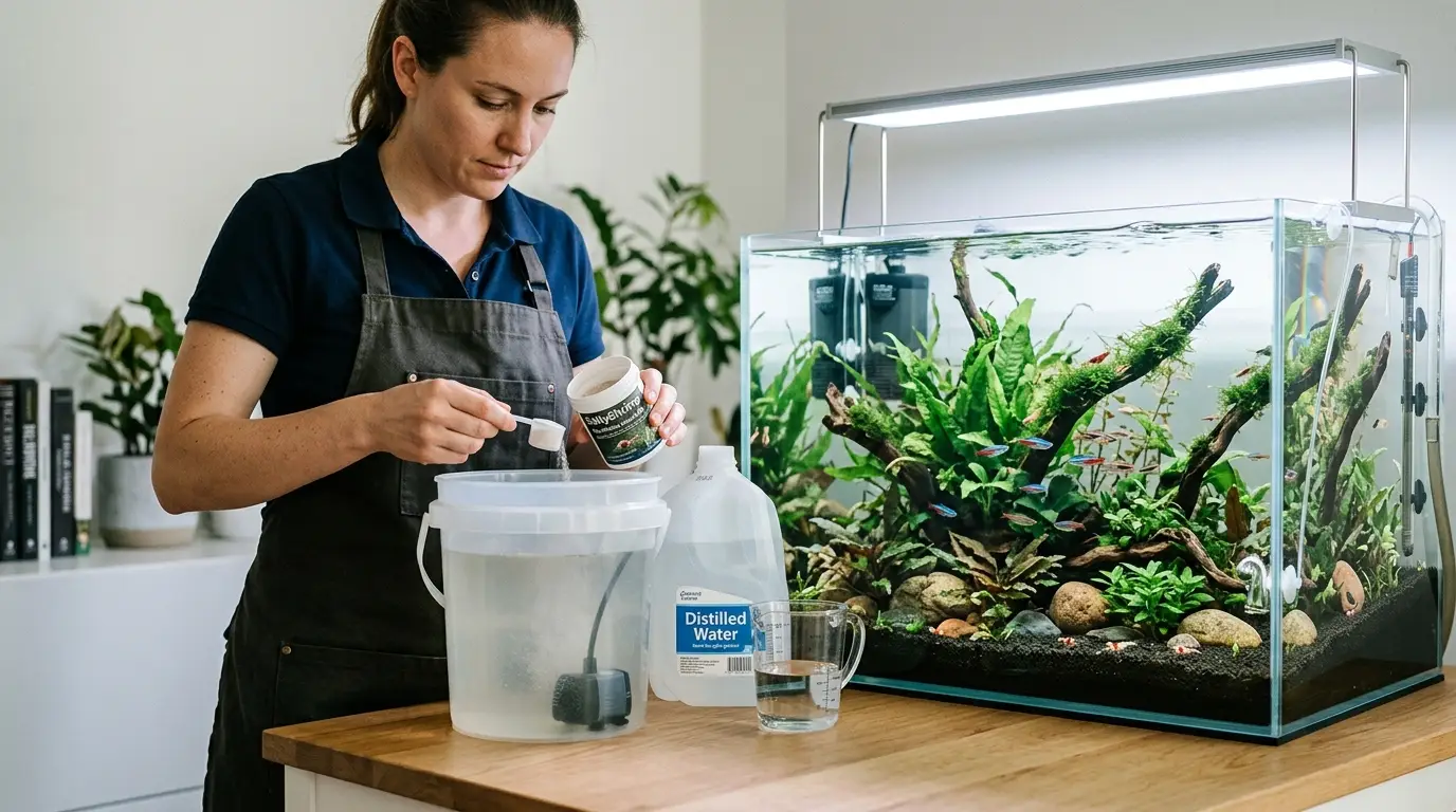 Aquarist using distilled water for aquarium top-off and remineralized water changes
