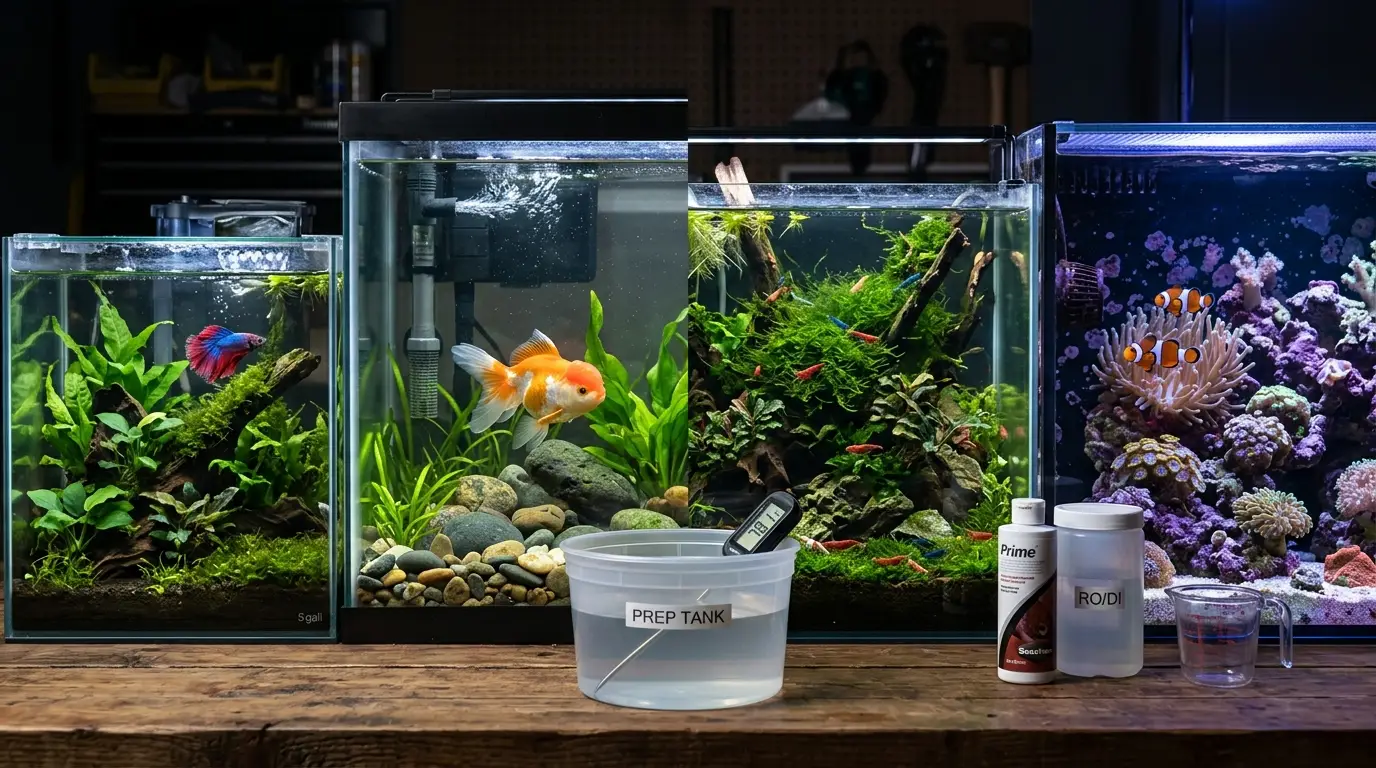 Aquarium water preparation equipment beside freshwater fish, shrimp, and marine aquarium setups.