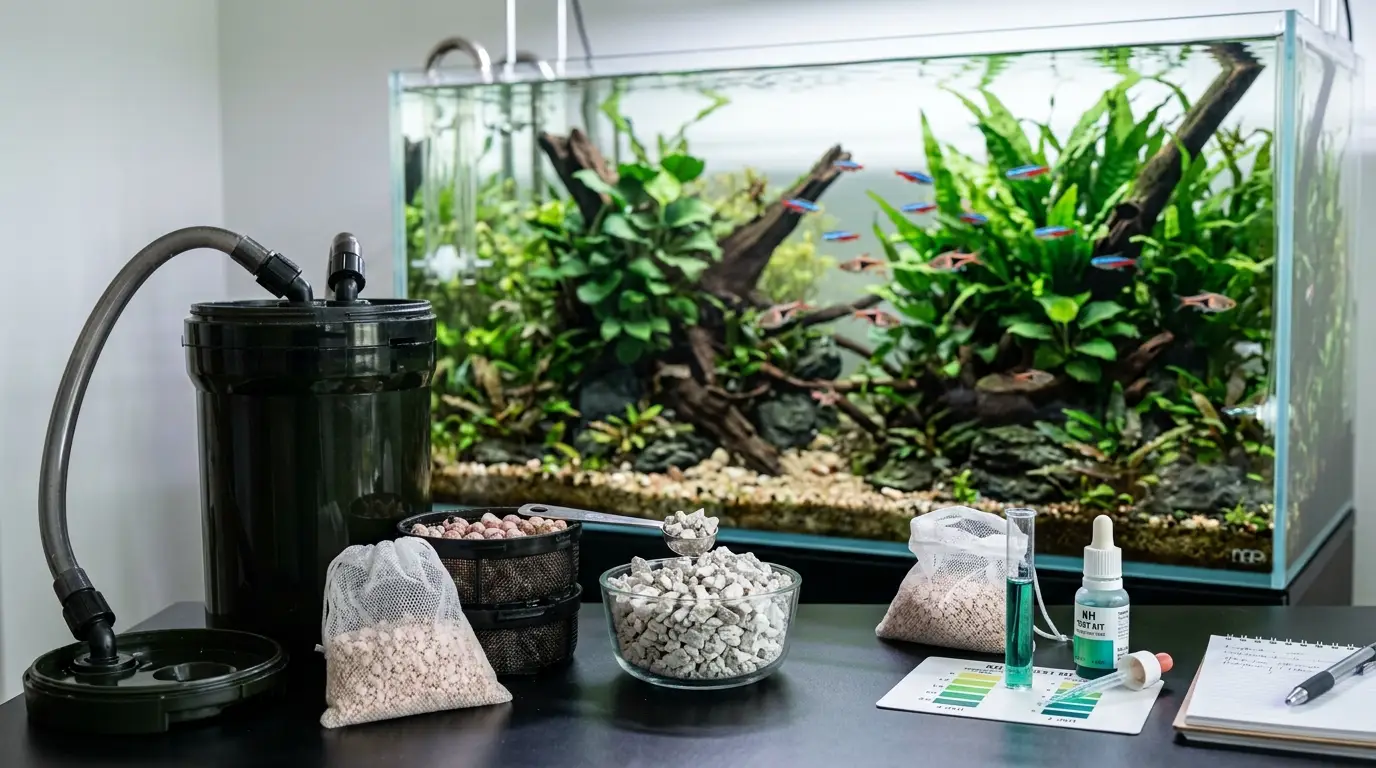 Aquarist using crushed coral and aquarium buffer to gradually increase carbonate hardness in a freshwater aquarium.