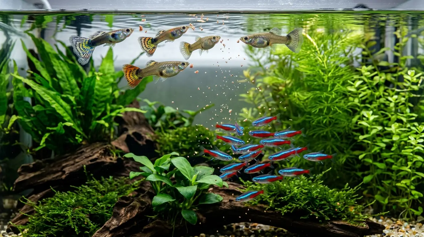Guppies feeding near the surface while neon tetras eat small foods in the middle of a planted aquarium
