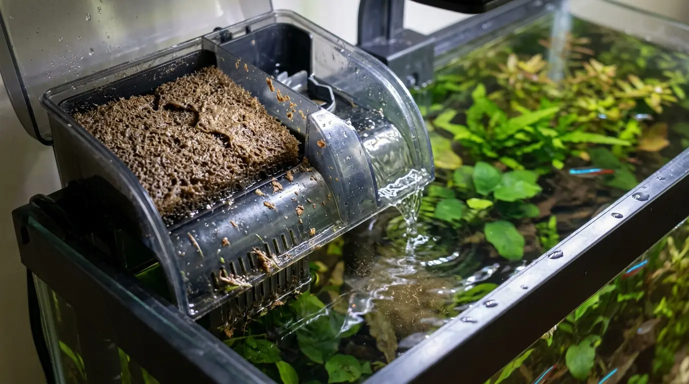 Aquarium filter with reduced water flow, clogged sponge, debris buildup, and visible signs that maintenance is needed