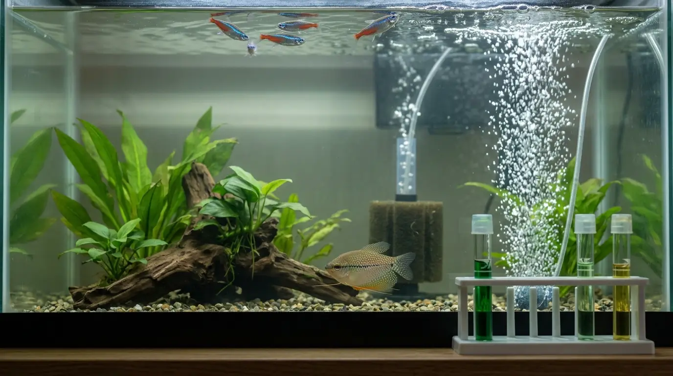 Aquarium fish showing early stress signs during an ammonia emergency with water testing and aeration equipment nearby