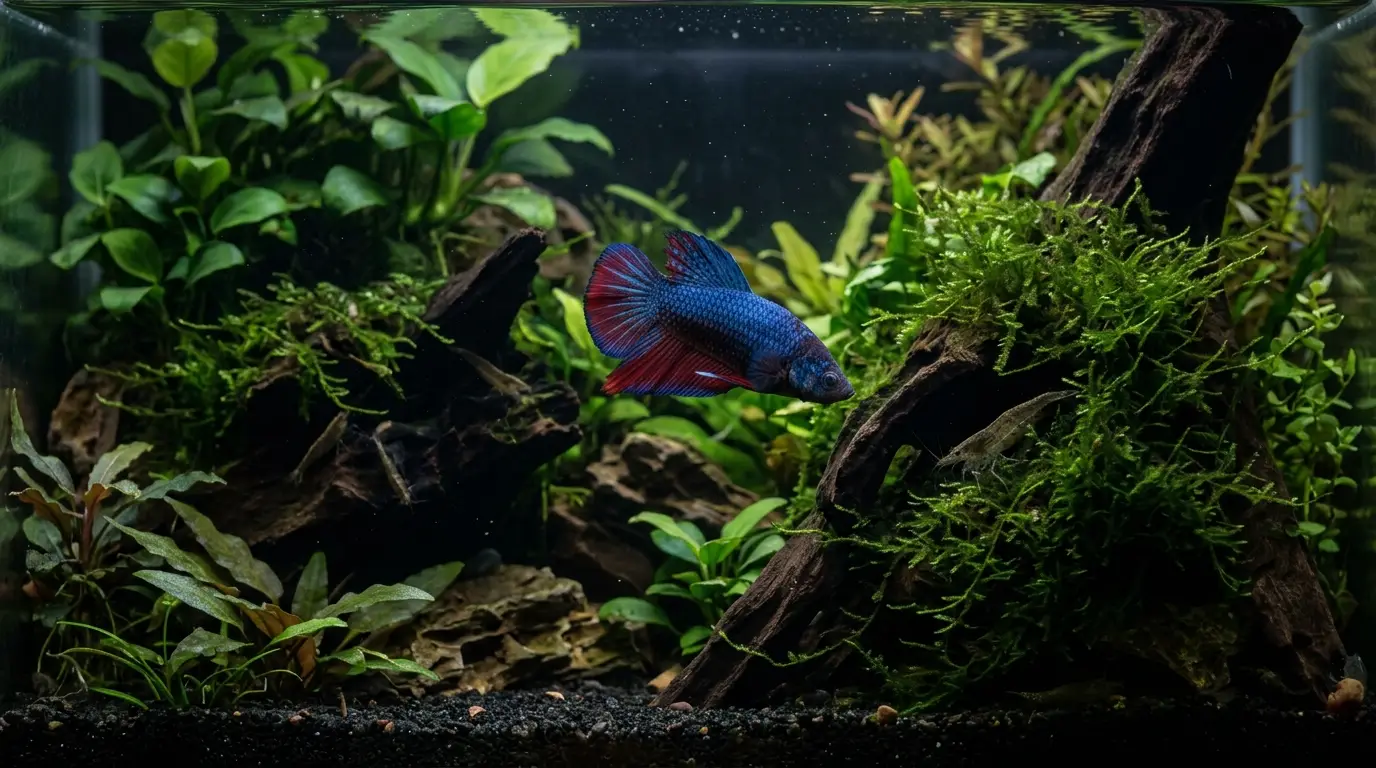 Betta displaying hunting behavior toward shrimp in a planted aquarium with dense hiding places.