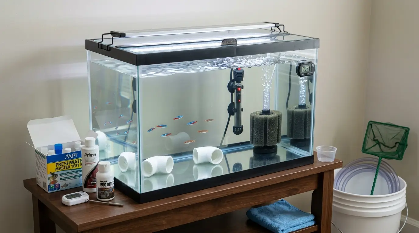 Affordable aquarium quarantine tank with sponge filter, heater, thermometer, PVC hiding spots, test kit, and bare bottom