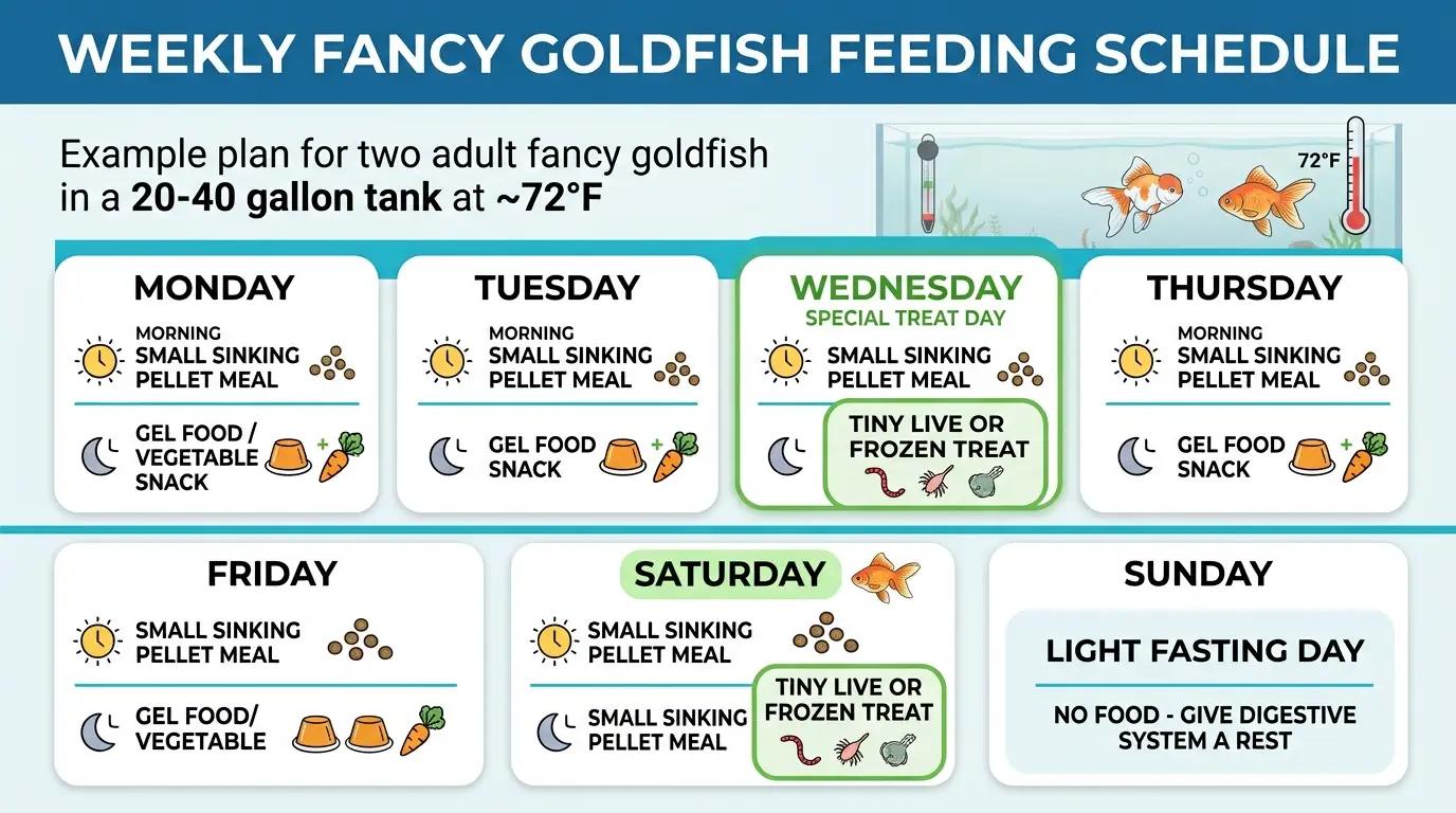 Organized weekly feeding routine for adult fancy goldfish using small meals, vegetables, treats, and a fasting day