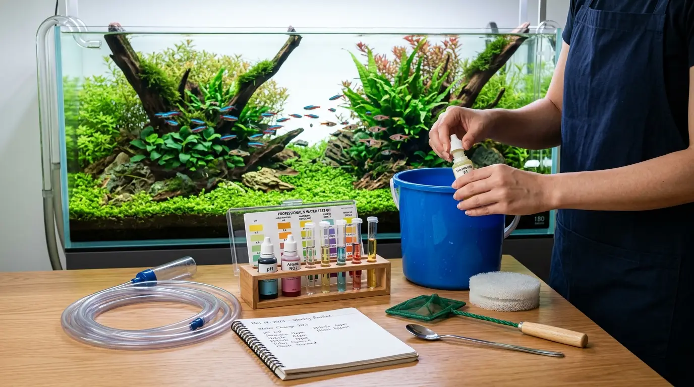Aquarist performing routine aquarium maintenance with water testing, substrate cleaning, and filter care tools beside a healthy fish tank.