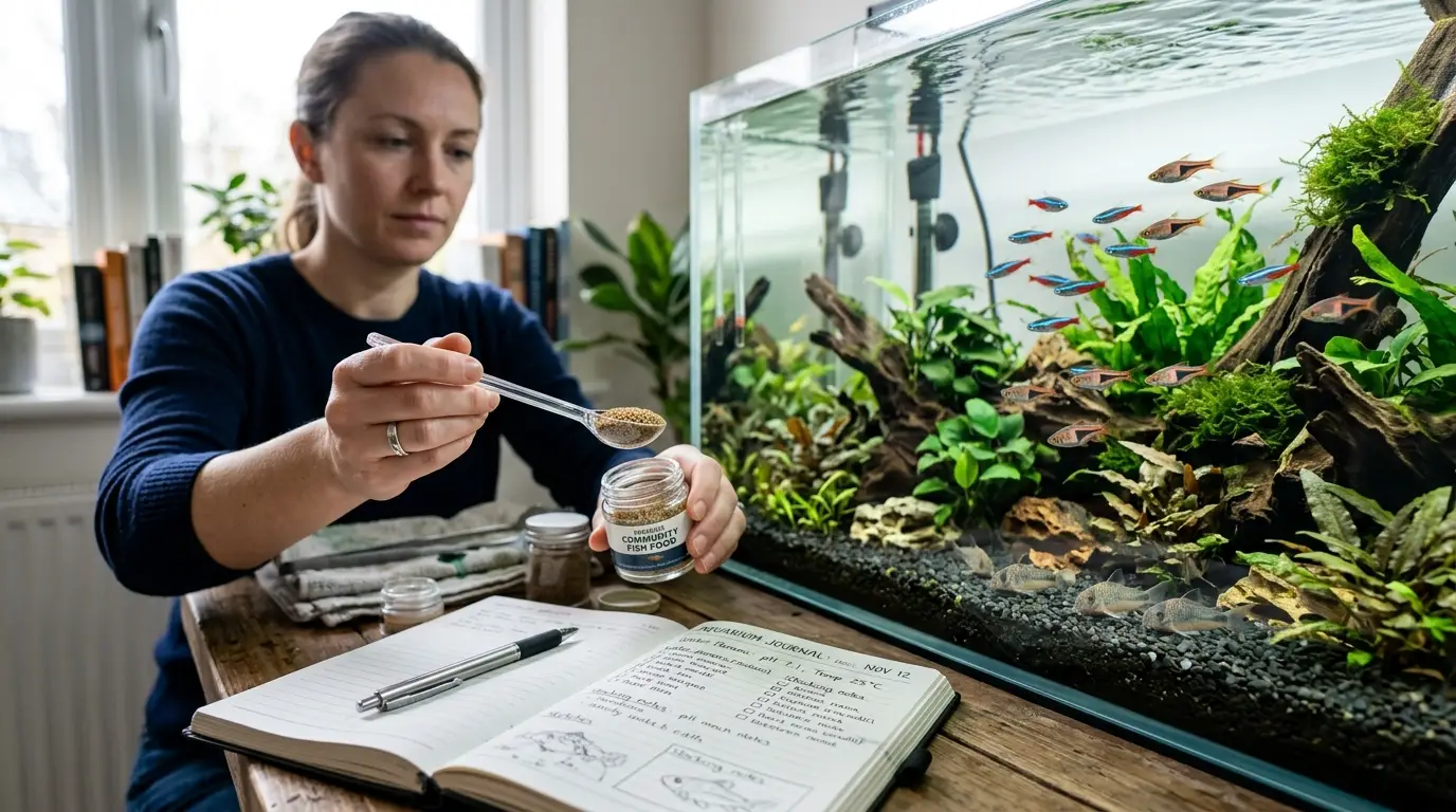 Aquarist measuring a small portion of fish food for a moderately stocked freshwater aquarium with healthy fish and live plants.