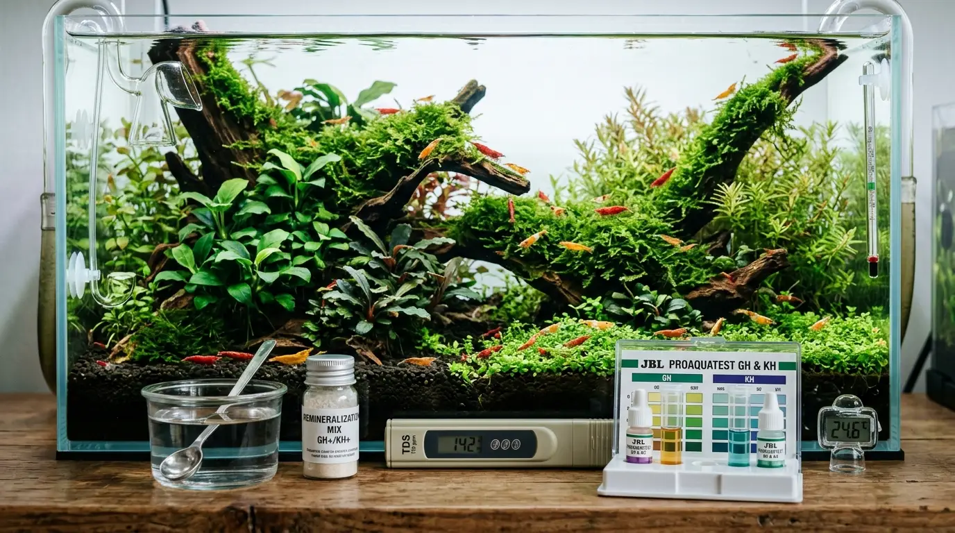 Healthy planted aquarium maintained with consistently remineralized water and carefully monitored water parameters.
