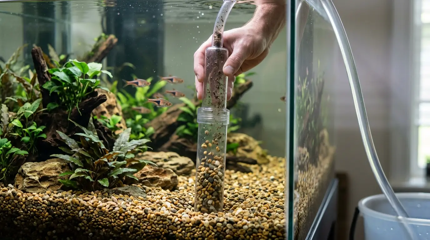 Gravel vacuum inserted into aquarium substrate while debris rises and dirty water flows into a bucket during cleaning