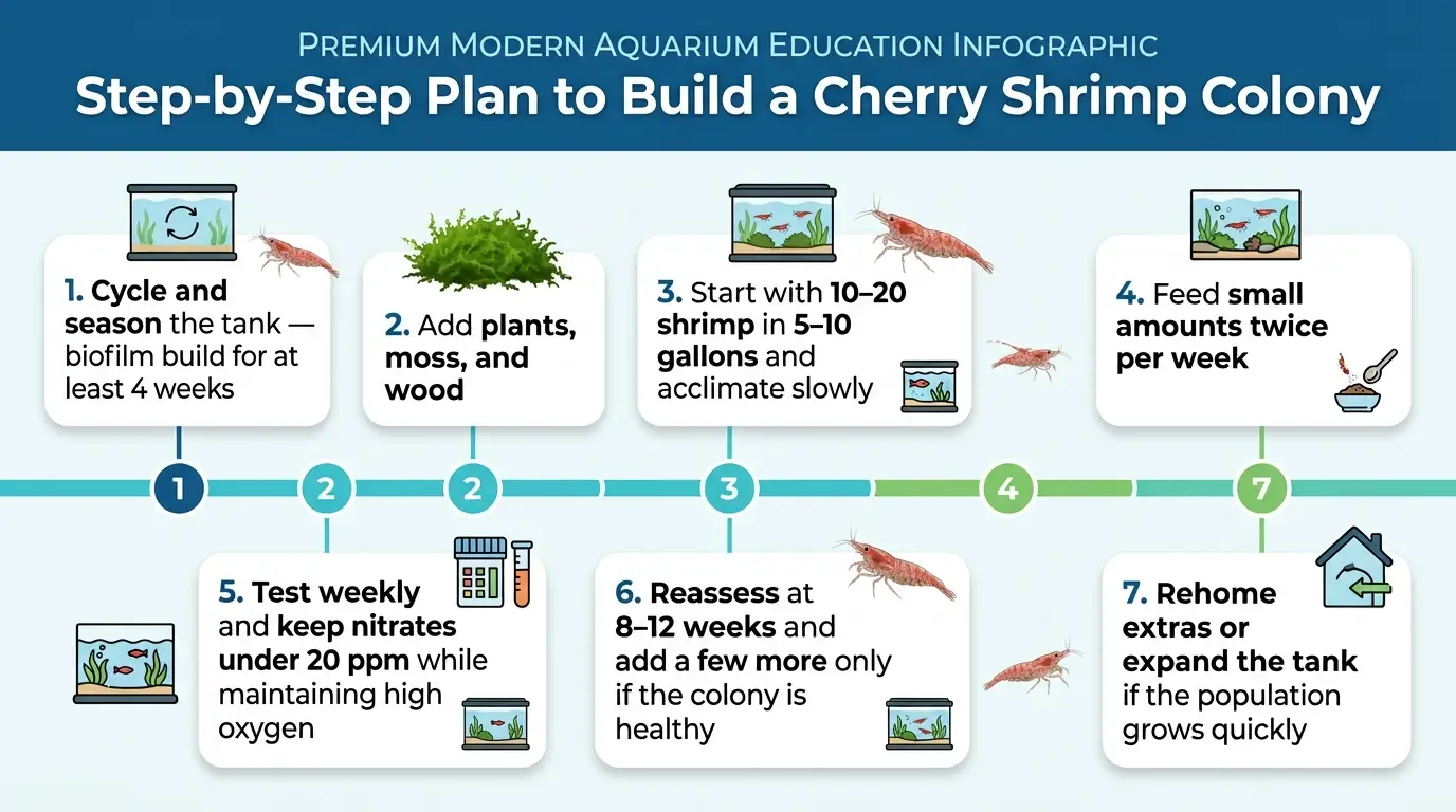 Infographic showing the step-by-step process for cycling, planting, stocking, feeding, testing, and managing a cherry shrimp colony.