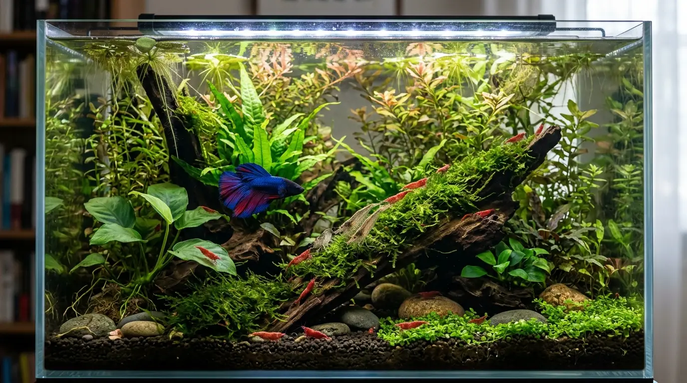 Peaceful male betta and established shrimp colony thriving together in a densely planted aquarium.