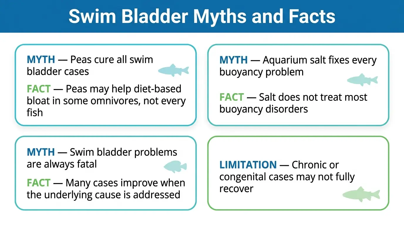 Educational infographic explaining common myths and facts about swim bladder problems in aquarium fish.