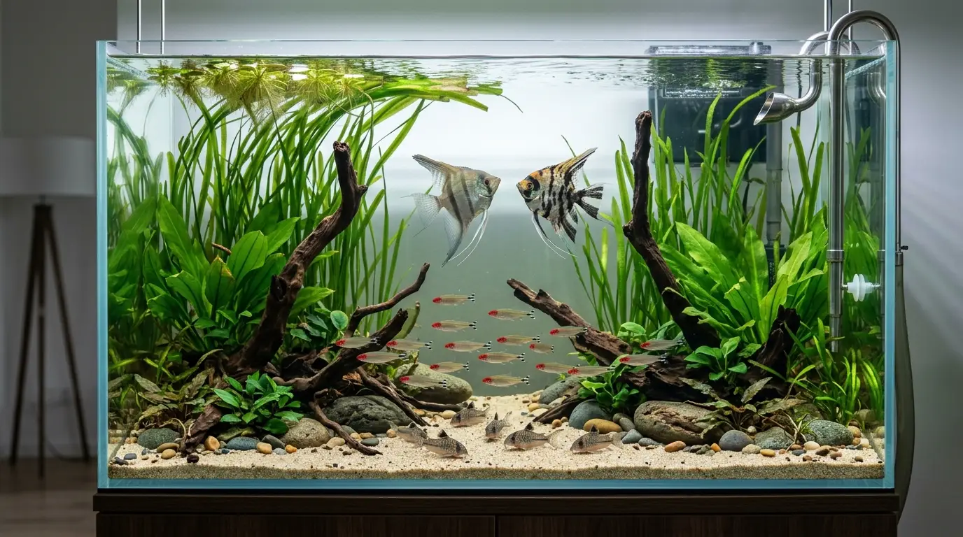Tall planted angelfish aquarium with swords, Vallisneria, driftwood, open swimming lanes, and gentle filtration